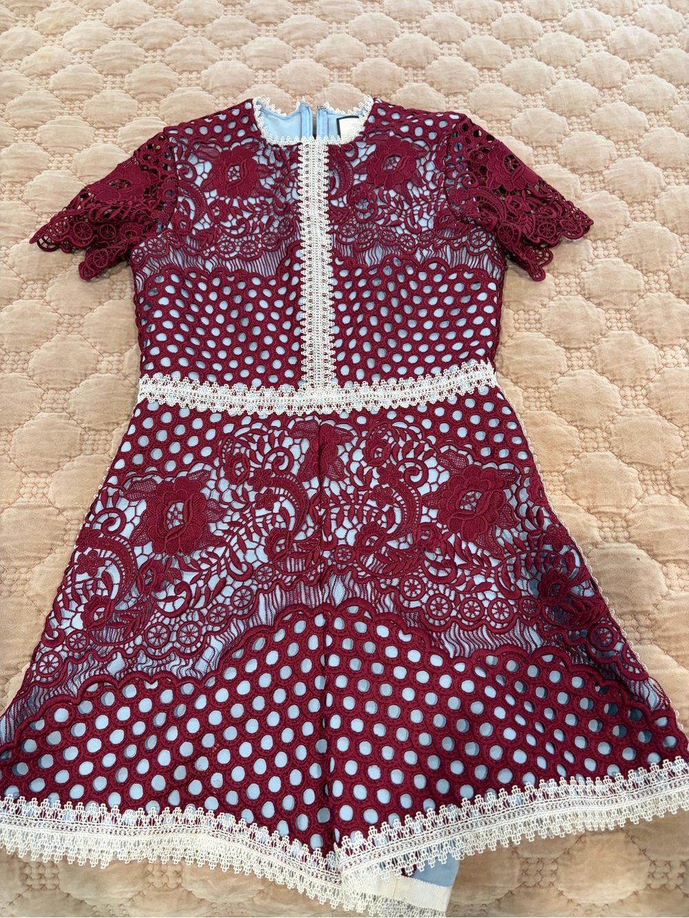 Alexis Burgundy Lace Overlay Romper with Light Blue Lining and Cream Trim